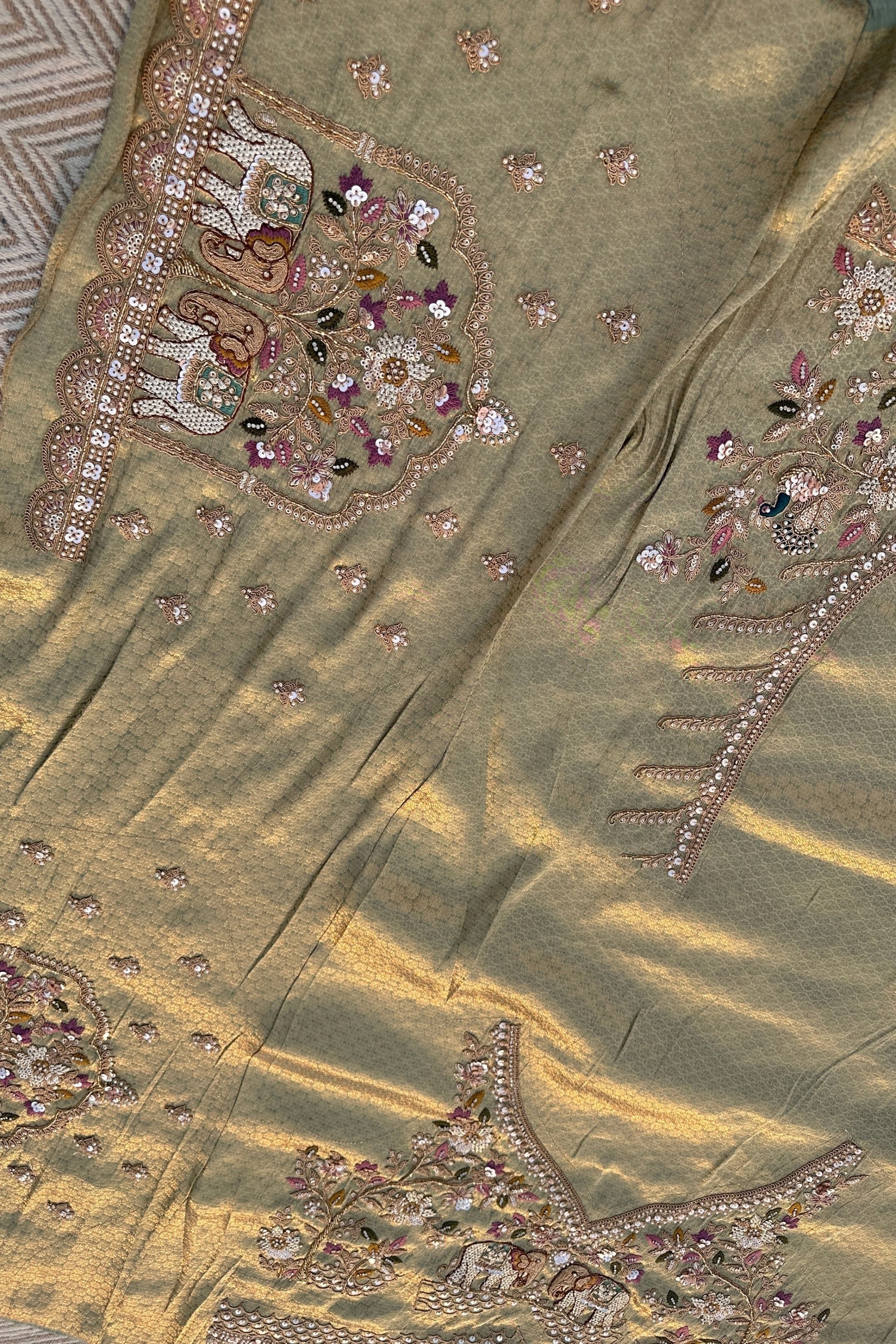 Green Brocade Unstitched Saree Embellished With Moti, Sequins, Cutdana, Thread& Jarkan Work